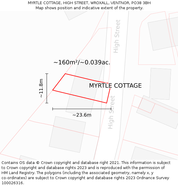 MYRTLE COTTAGE, HIGH STREET, WROXALL, VENTNOR, PO38 3BH: Plot and title map