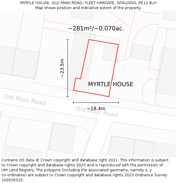 MYRTLE HOUSE, OLD MAIN ROAD, FLEET HARGATE, SPALDING, PE12 8LH: Plot and title map