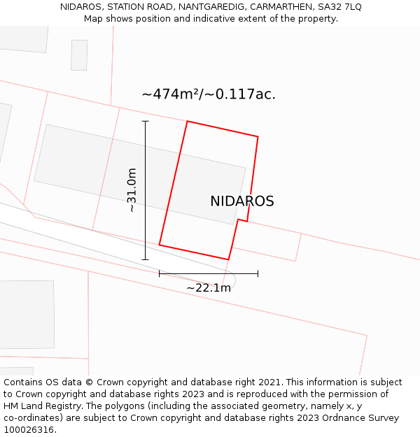 NIDAROS, STATION ROAD, NANTGAREDIG, CARMARTHEN, SA32 7LQ: Plot and title map