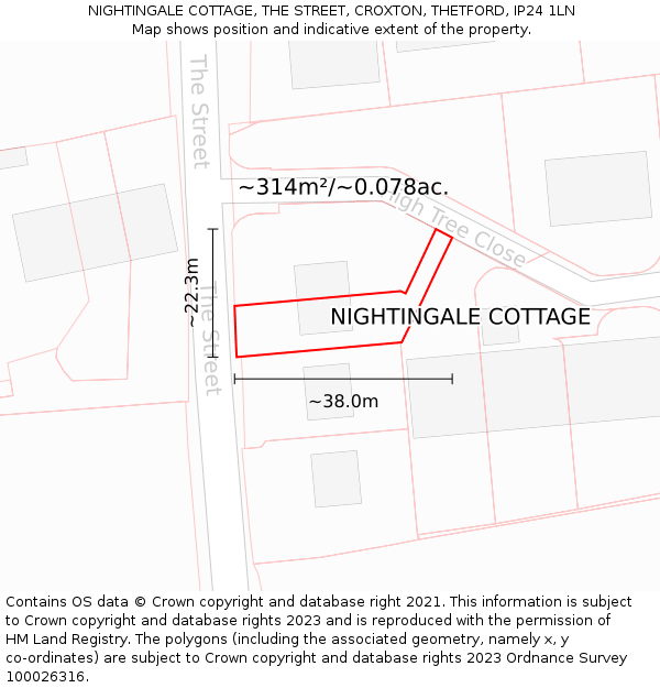 NIGHTINGALE COTTAGE, THE STREET, CROXTON, THETFORD, IP24 1LN: Plot and title map