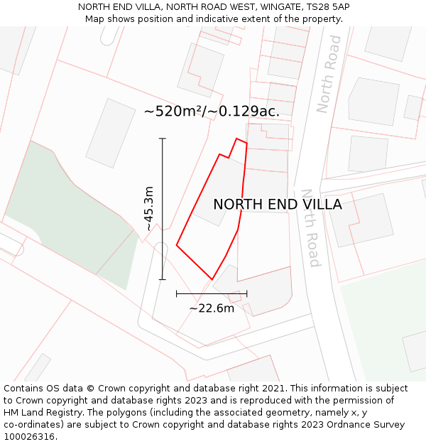 NORTH END VILLA, NORTH ROAD WEST, WINGATE, TS28 5AP: Plot and title map