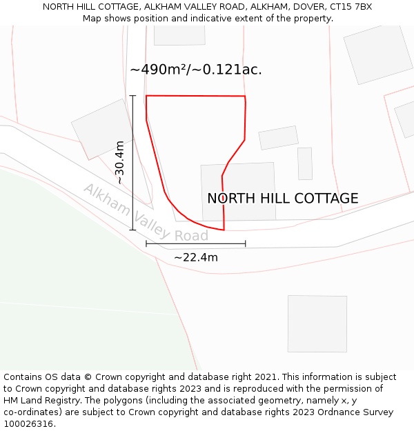 NORTH HILL COTTAGE, ALKHAM VALLEY ROAD, ALKHAM, DOVER, CT15 7BX: Plot and title map