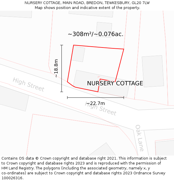 NURSERY COTTAGE, MAIN ROAD, BREDON, TEWKESBURY, GL20 7LW: Plot and title map