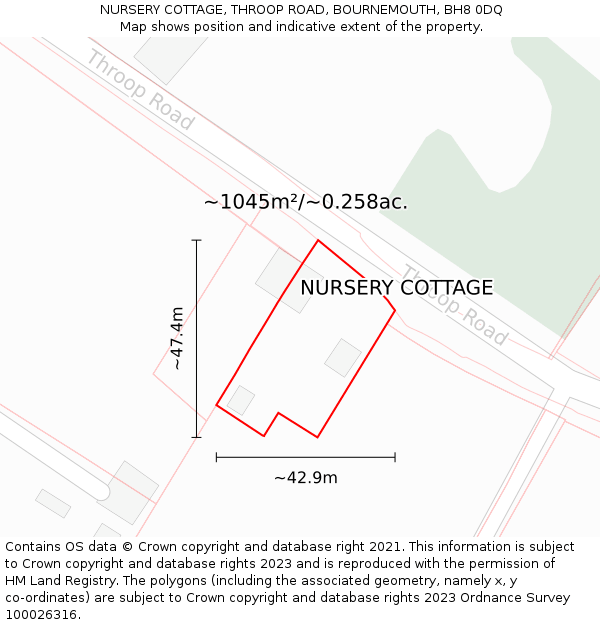 NURSERY COTTAGE, THROOP ROAD, BOURNEMOUTH, BH8 0DQ: Plot and title map