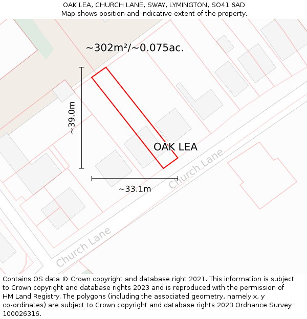 OAK LEA, CHURCH LANE, SWAY, LYMINGTON, SO41 6AD: Plot and title map