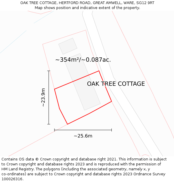 OAK TREE COTTAGE, HERTFORD ROAD, GREAT AMWELL, WARE, SG12 9RT: Plot and title map