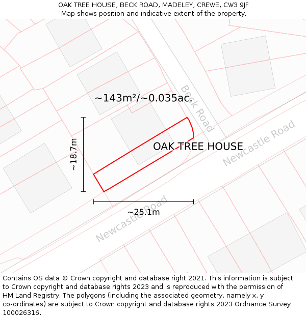 OAK TREE HOUSE, BECK ROAD, MADELEY, CREWE, CW3 9JF: Plot and title map