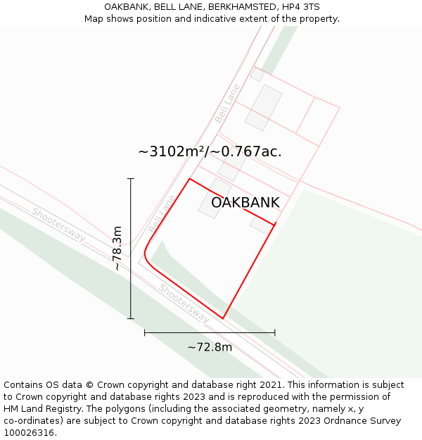 OAKBANK, BELL LANE, BERKHAMSTED, HP4 3TS: Plot and title map