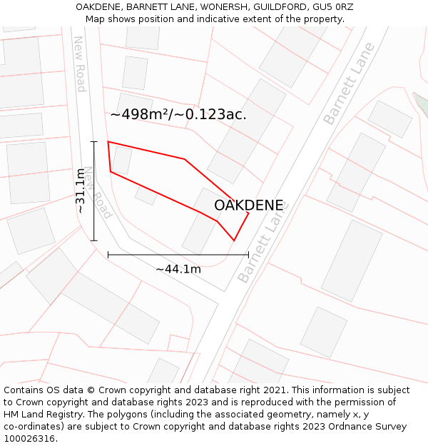 OAKDENE, BARNETT LANE, WONERSH, GUILDFORD, GU5 0RZ: Plot and title map