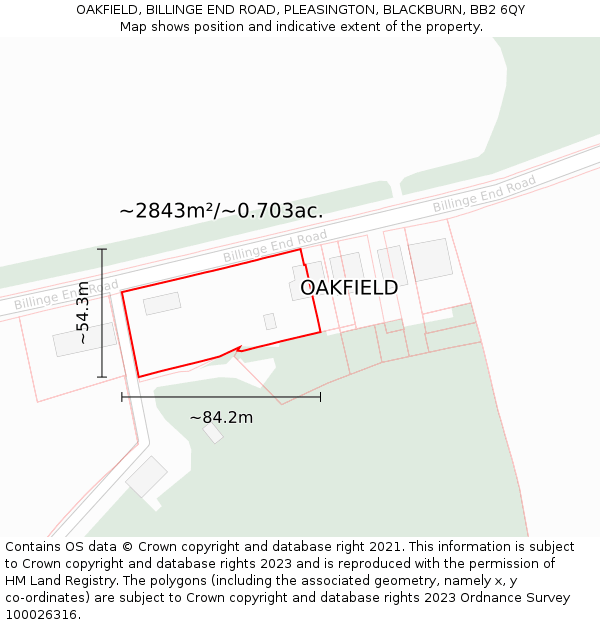 OAKFIELD, BILLINGE END ROAD, PLEASINGTON, BLACKBURN, BB2 6QY: Plot and title map