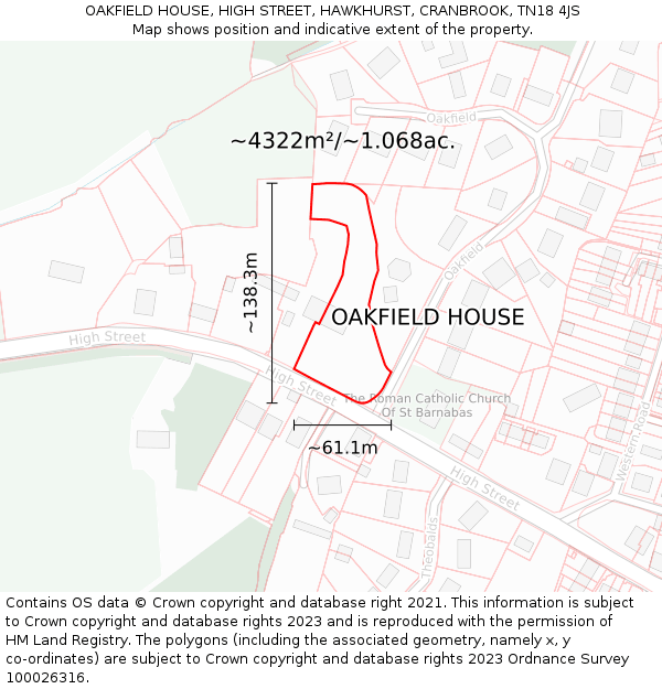 OAKFIELD HOUSE, HIGH STREET, HAWKHURST, CRANBROOK, TN18 4JS: Plot and title map