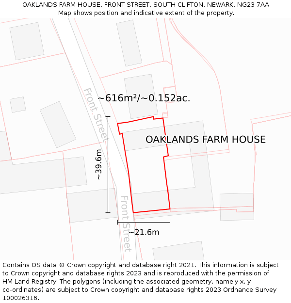 OAKLANDS FARM HOUSE, FRONT STREET, SOUTH CLIFTON, NEWARK, NG23 7AA: Plot and title map