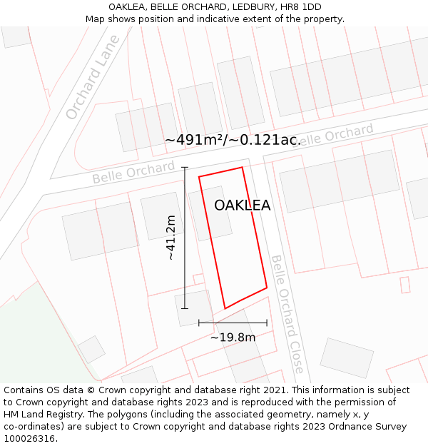 OAKLEA, BELLE ORCHARD, LEDBURY, HR8 1DD: Plot and title map