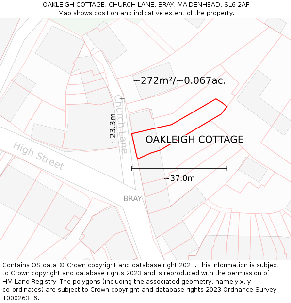 OAKLEIGH COTTAGE, CHURCH LANE, BRAY, MAIDENHEAD, SL6 2AF: Plot and title map