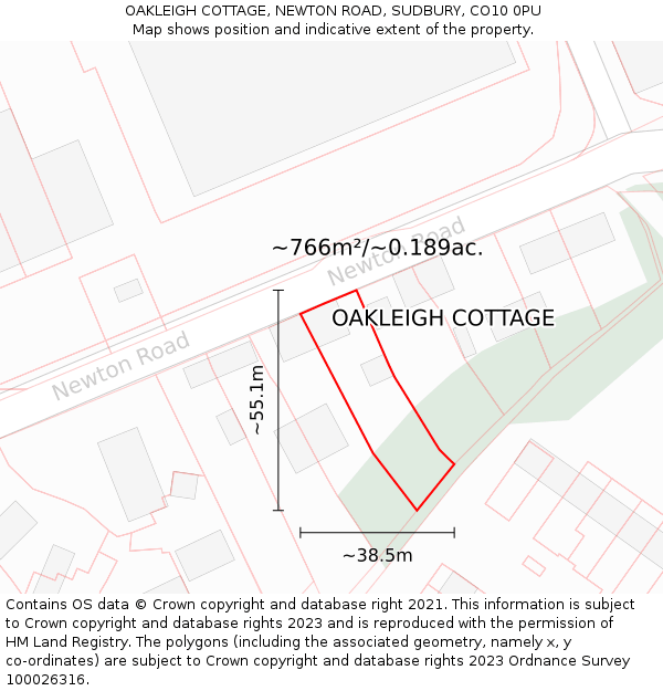 OAKLEIGH COTTAGE, NEWTON ROAD, SUDBURY, CO10 0PU: Plot and title map