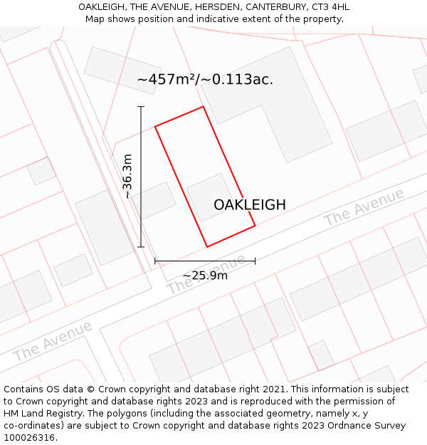 OAKLEIGH, THE AVENUE, HERSDEN, CANTERBURY, CT3 4HL: Plot and title map