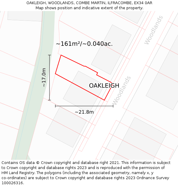 OAKLEIGH, WOODLANDS, COMBE MARTIN, ILFRACOMBE, EX34 0AR: Plot and title map