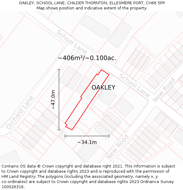 OAKLEY, SCHOOL LANE, CHILDER THORNTON, ELLESMERE PORT, CH66 5PP: Plot and title map