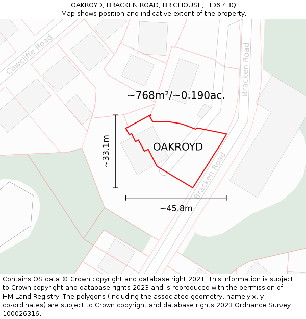 OAKROYD, BRACKEN ROAD, BRIGHOUSE, HD6 4BQ: Plot and title map