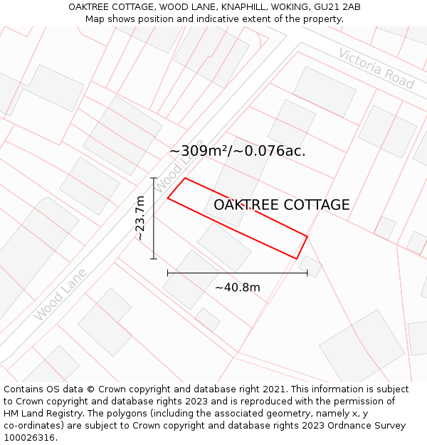 OAKTREE COTTAGE, WOOD LANE, KNAPHILL, WOKING, GU21 2AB: Plot and title map