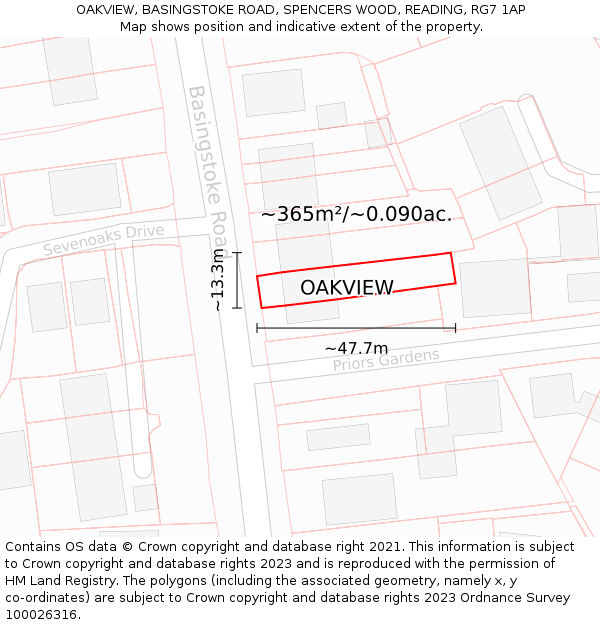 OAKVIEW, BASINGSTOKE ROAD, SPENCERS WOOD, READING, RG7 1AP: Plot and title map