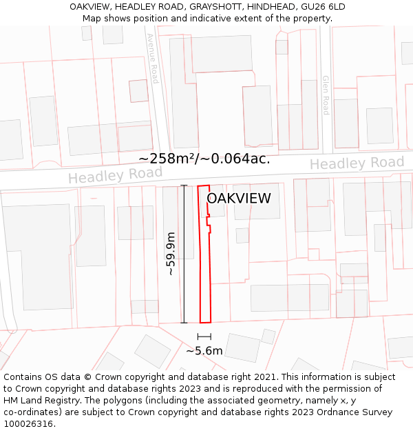 OAKVIEW, HEADLEY ROAD, GRAYSHOTT, HINDHEAD, GU26 6LD: Plot and title map