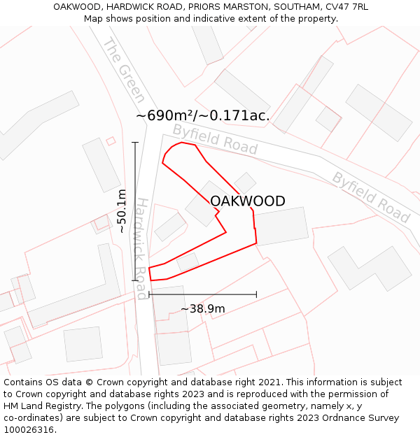 OAKWOOD, HARDWICK ROAD, PRIORS MARSTON, SOUTHAM, CV47 7RL: Plot and title map