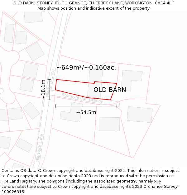 OLD BARN, STONEYHEUGH GRANGE, ELLERBECK LANE, WORKINGTON, CA14 4HF: Plot and title map