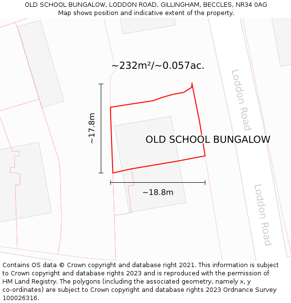 OLD SCHOOL BUNGALOW, LODDON ROAD, GILLINGHAM, BECCLES, NR34 0AG: Plot and title map