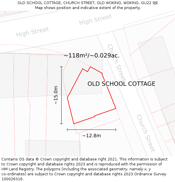 OLD SCHOOL COTTAGE, CHURCH STREET, OLD WOKING, WOKING, GU22 9JE: Plot and title map