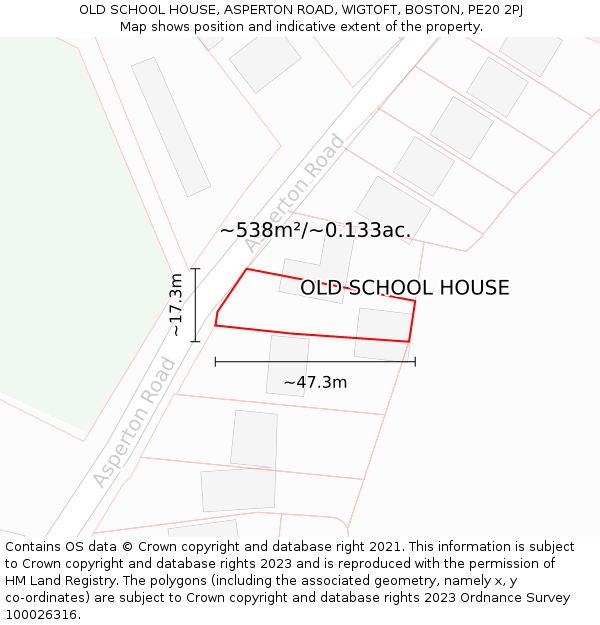 OLD SCHOOL HOUSE, ASPERTON ROAD, WIGTOFT, BOSTON, PE20 2PJ: Plot and title map