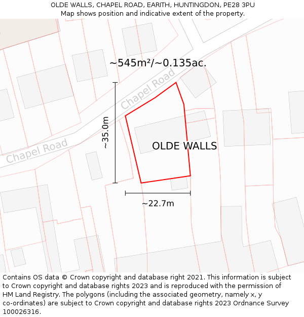 OLDE WALLS, CHAPEL ROAD, EARITH, HUNTINGDON, PE28 3PU: Plot and title map