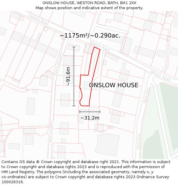 ONSLOW HOUSE, WESTON ROAD, BATH, BA1 2XX: Plot and title map