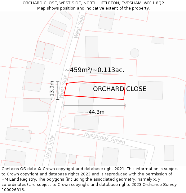 ORCHARD CLOSE, WEST SIDE, NORTH LITTLETON, EVESHAM, WR11 8QP: Plot and title map