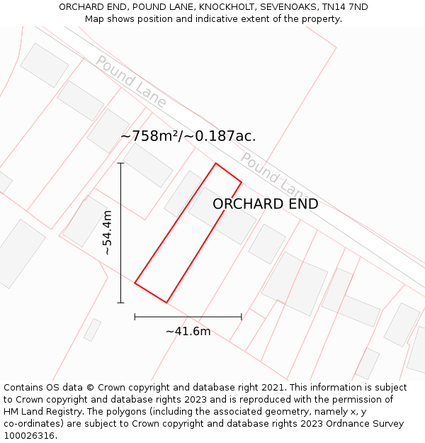 ORCHARD END, POUND LANE, KNOCKHOLT, SEVENOAKS, TN14 7ND: Plot and title map