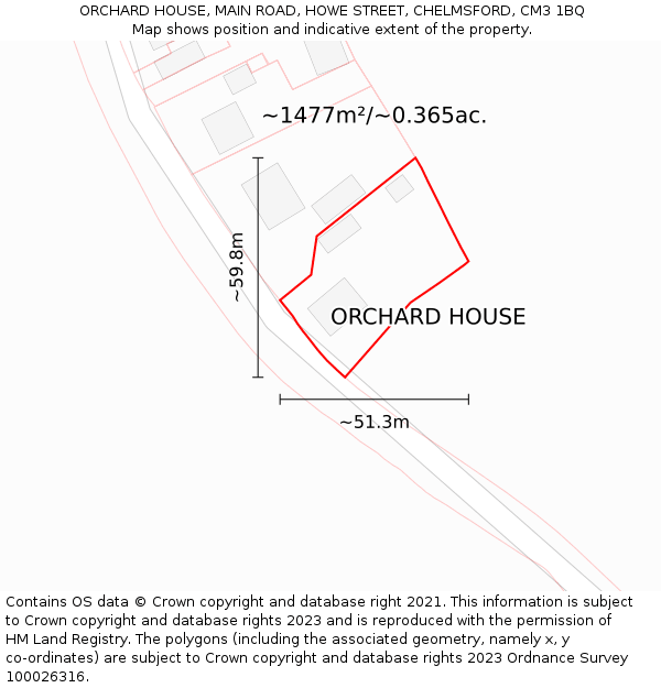 ORCHARD HOUSE, MAIN ROAD, HOWE STREET, CHELMSFORD, CM3 1BQ: Plot and title map