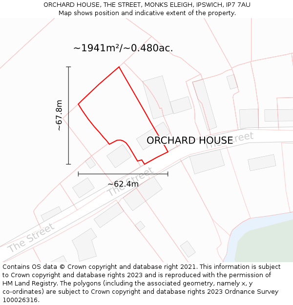 ORCHARD HOUSE, THE STREET, MONKS ELEIGH, IPSWICH, IP7 7AU: Plot and title map