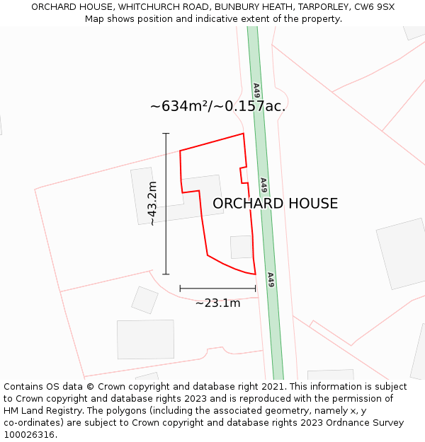 ORCHARD HOUSE, WHITCHURCH ROAD, BUNBURY HEATH, TARPORLEY, CW6 9SX: Plot and title map