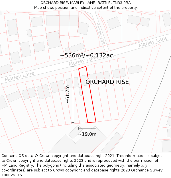 ORCHARD RISE, MARLEY LANE, BATTLE, TN33 0BA: Plot and title map