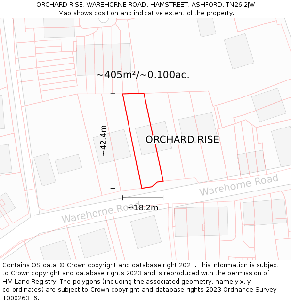 ORCHARD RISE, WAREHORNE ROAD, HAMSTREET, ASHFORD, TN26 2JW: Plot and title map