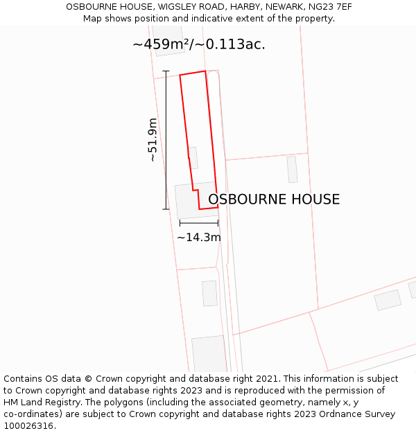 OSBOURNE HOUSE, WIGSLEY ROAD, HARBY, NEWARK, NG23 7EF: Plot and title map