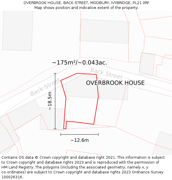 OVERBROOK HOUSE, BACK STREET, MODBURY, IVYBRIDGE, PL21 0RF: Plot and title map