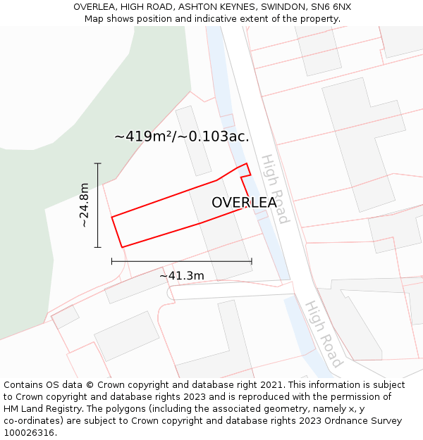 OVERLEA, HIGH ROAD, ASHTON KEYNES, SWINDON, SN6 6NX: Plot and title map