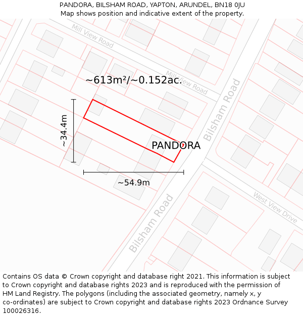 PANDORA, BILSHAM ROAD, YAPTON, ARUNDEL, BN18 0JU: Plot and title map