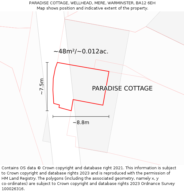 PARADISE COTTAGE, WELLHEAD, MERE, WARMINSTER, BA12 6EH: Plot and title map