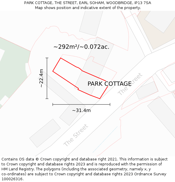 PARK COTTAGE, THE STREET, EARL SOHAM, WOODBRIDGE, IP13 7SA: Plot and title map