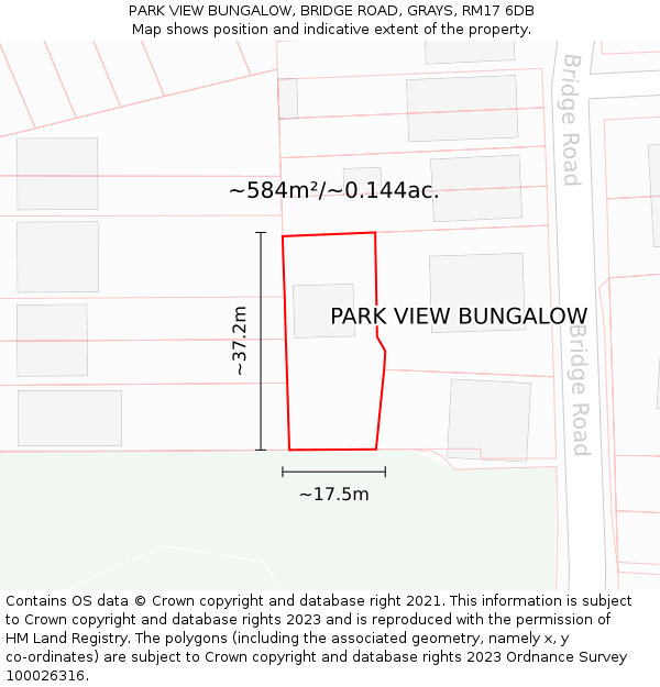 PARK VIEW BUNGALOW, BRIDGE ROAD, GRAYS, RM17 6DB: Plot and title map