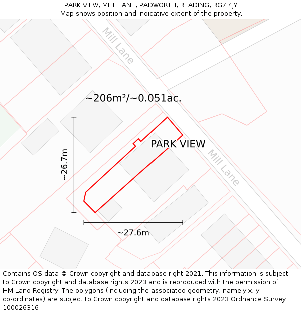 PARK VIEW, MILL LANE, PADWORTH, READING, RG7 4JY: Plot and title map