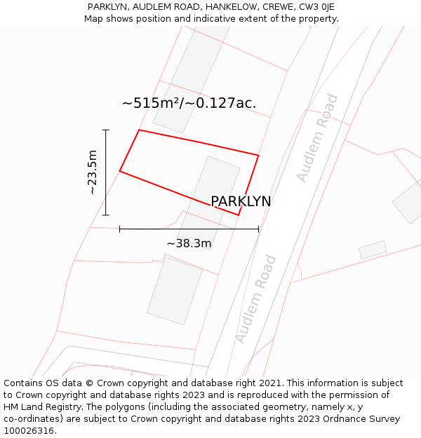 PARKLYN, AUDLEM ROAD, HANKELOW, CREWE, CW3 0JE: Plot and title map