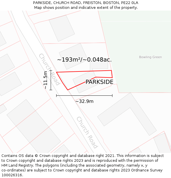 PARKSIDE, CHURCH ROAD, FREISTON, BOSTON, PE22 0LA: Plot and title map